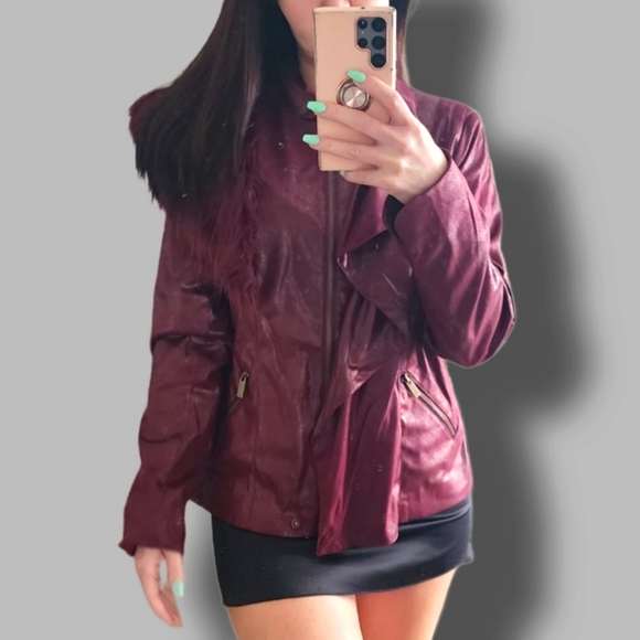 IMAN Luxury Chic Collection Burgundy Faux Fur Detachable Collar Sz L brand new - Picture 6 of 7